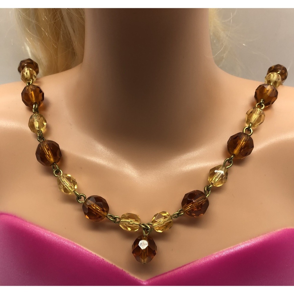 Necklace Beaded Orange Yellow Fall Gold Tone Estate Costume Jewelry‎ 17" Choker